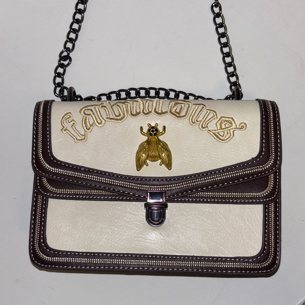 “FABULOUS”BEE BAG BROWN/WHITE VEGAN LEATHER CROSSBODY DARK NICKEL TONED CHAIN
